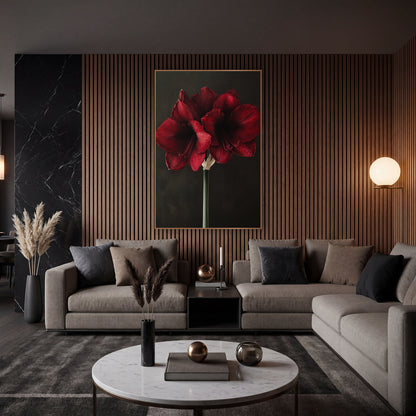 Charcoal Backdrop Amaryllis Stem Botanical wall art in an elegant modern room – garnet red amaryllis blooms with dark