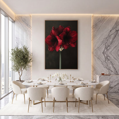 Charcoal Backdrop Amaryllis Stem Botanical wall art in an elegant modern room – garnet red amaryllis blooms with dark