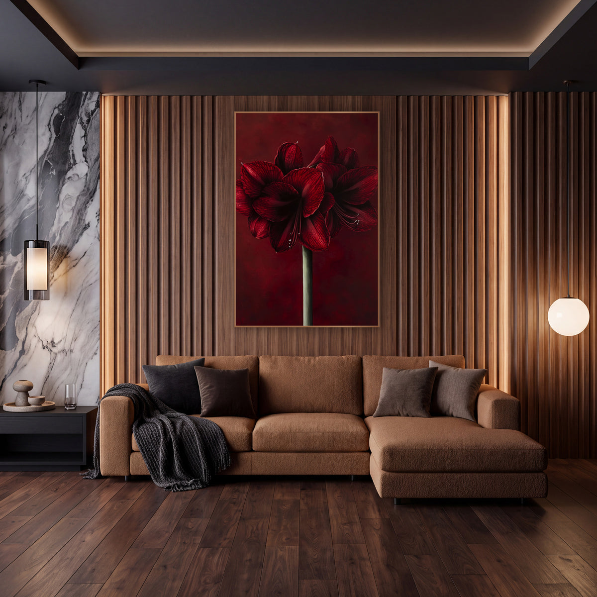 Crimson Veined Amaryllis Velvet Floral wall art in an elegant modern room – two deep red amaryllis flowers with veined