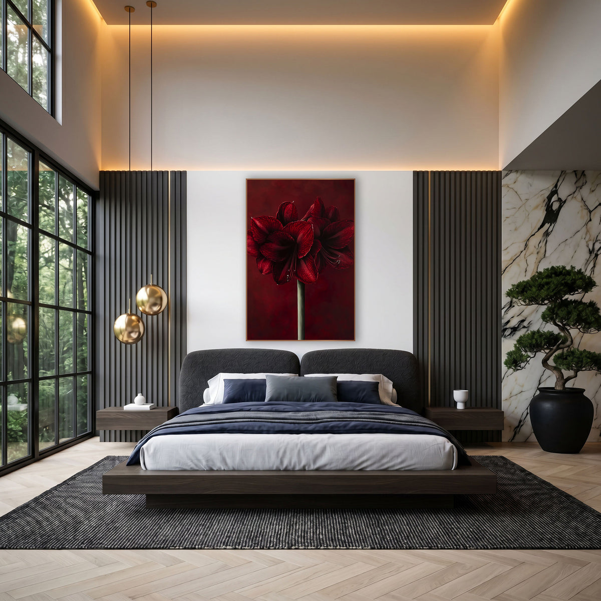 Crimson Veined Amaryllis Velvet Floral wall art in an elegant modern room – two deep red amaryllis flowers with veined