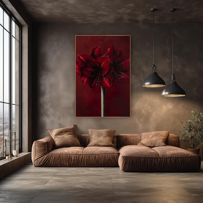 Crimson Veined Amaryllis Velvet Floral wall art in an elegant modern room – two deep red amaryllis flowers with veined