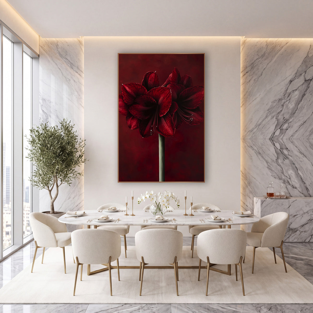 Crimson Veined Amaryllis Velvet Floral wall art in an elegant modern room – two deep red amaryllis flowers with veined