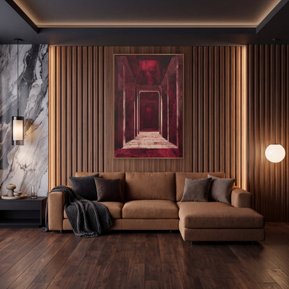 Burgundy Temple Corridor Architectural wall art in an elegant modern room – burgundy corridor of tall stone columns