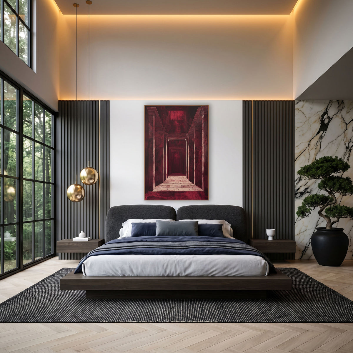 Burgundy Temple Corridor Architectural wall art in an elegant modern room – burgundy corridor of tall stone columns
