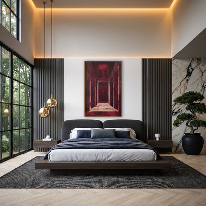 Burgundy Temple Corridor Architectural wall art in an elegant modern room – burgundy corridor of tall stone columns
