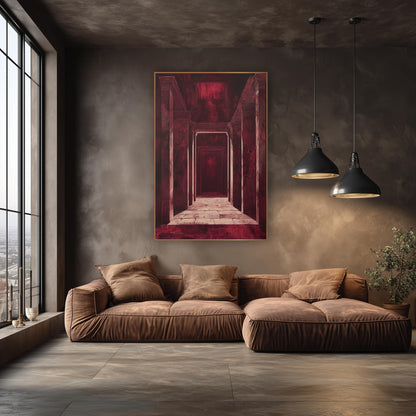 Burgundy Temple Corridor Architectural wall art in an elegant modern room – burgundy corridor of tall stone columns