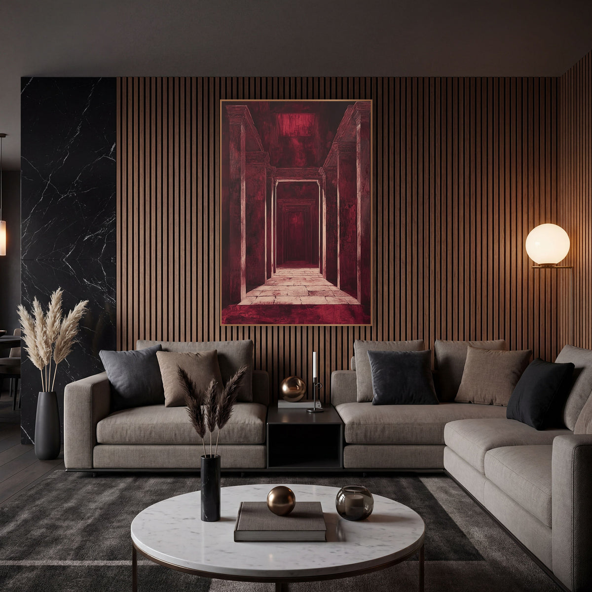 Burgundy Temple Corridor Architectural wall art in an elegant modern room – burgundy corridor of tall stone columns