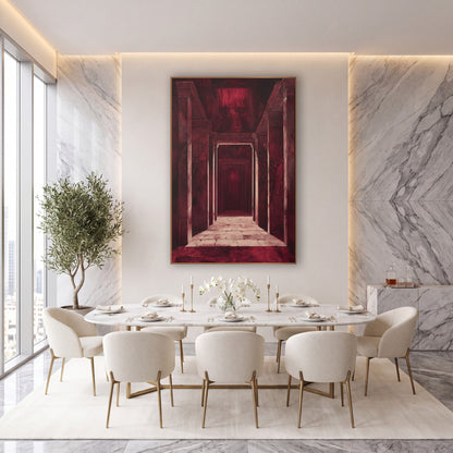Burgundy Temple Corridor Architectural wall art in an elegant modern room – burgundy corridor of tall stone columns