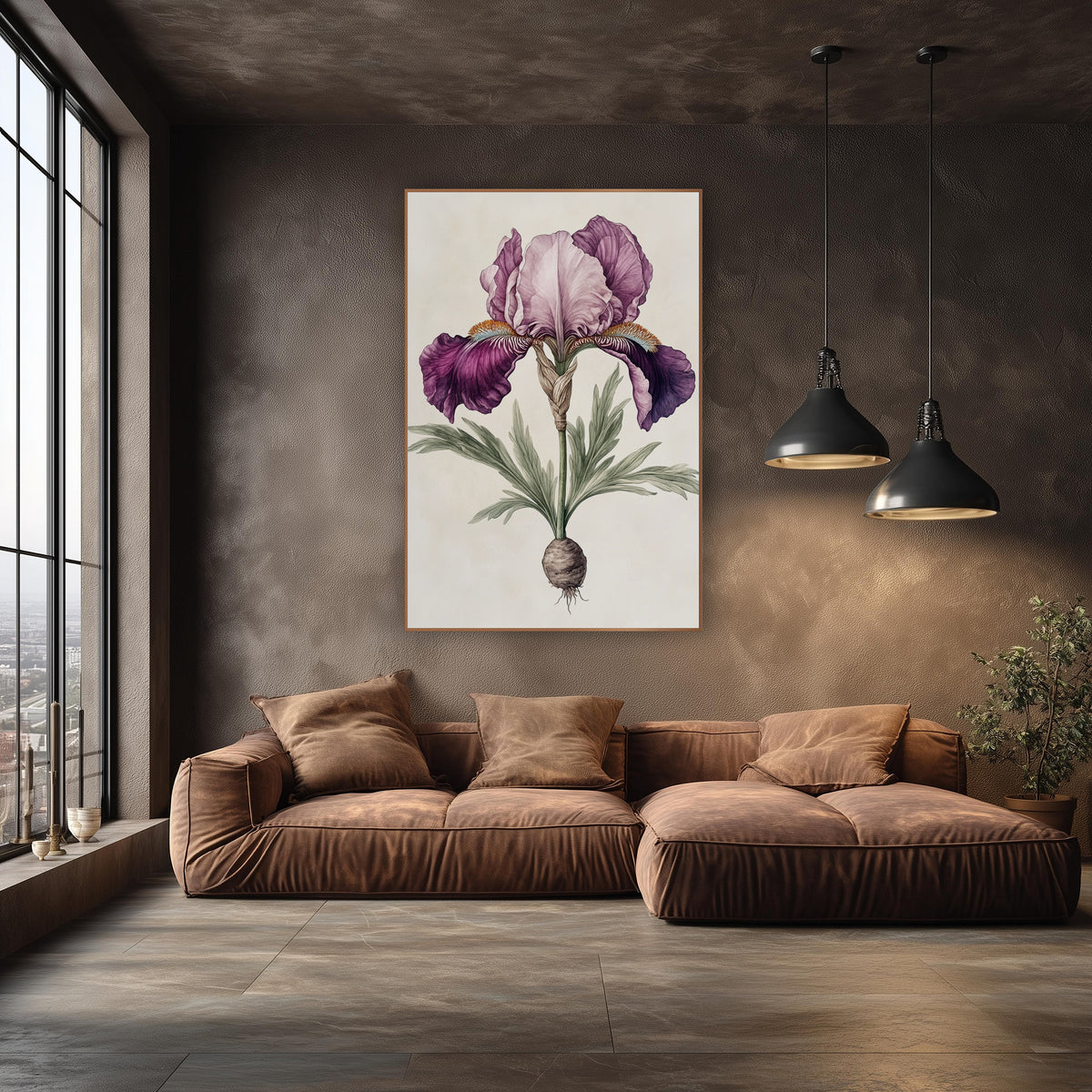 Plum Iris Root Botanical Study wall art in an elegant modern room – vintage-style botanical drawing of a plum