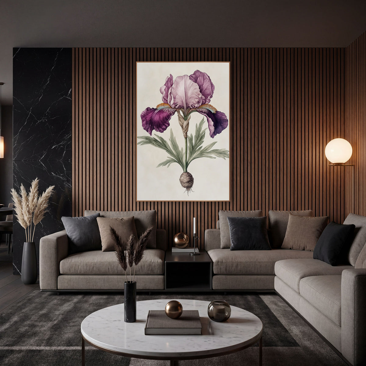 Plum Iris Root Botanical Study wall art in an elegant modern room – vintage-style botanical drawing of a plum