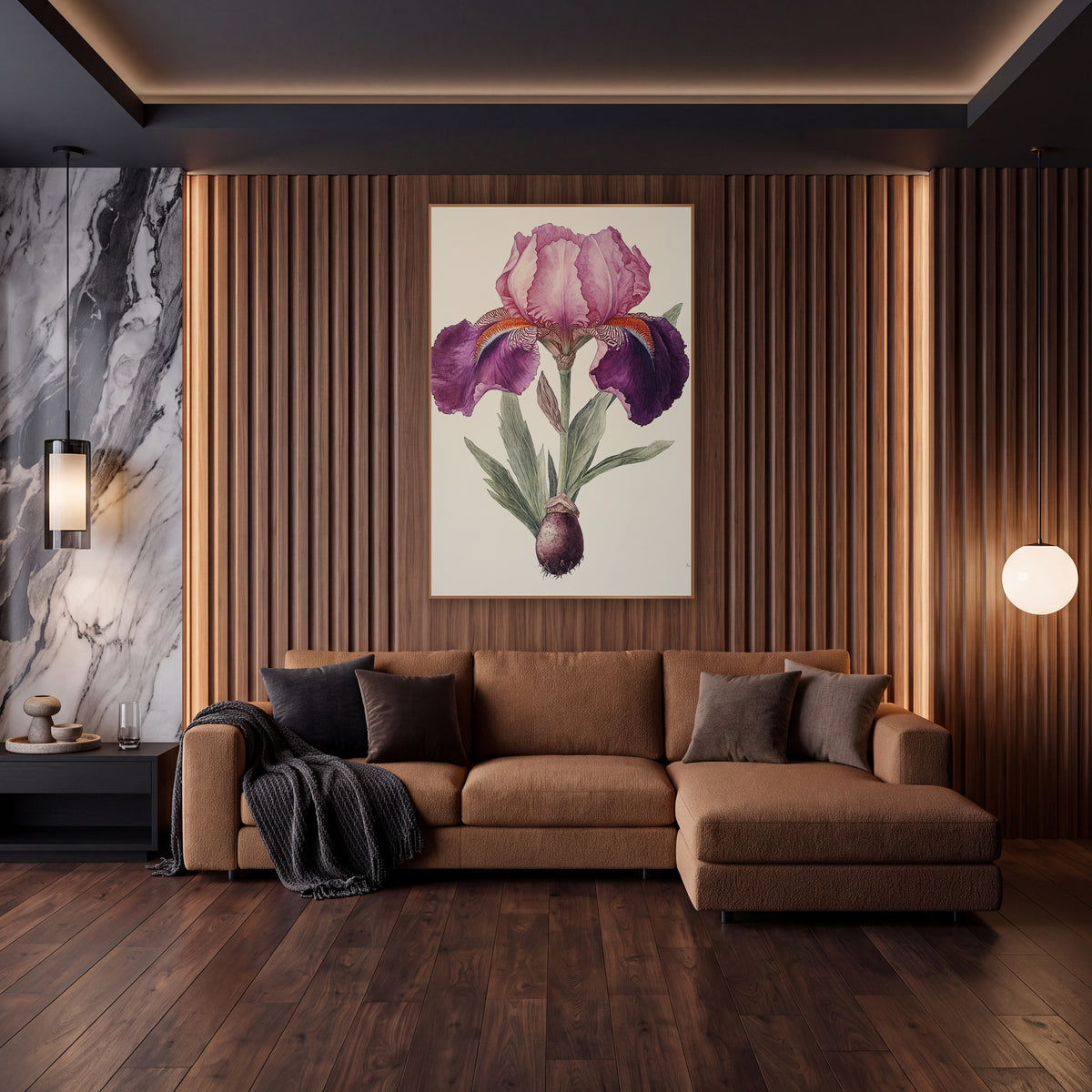 Plum Iris Bulb Vintage Botanical wall art in an elegant modern room – vintage botanical illustration of a pink
