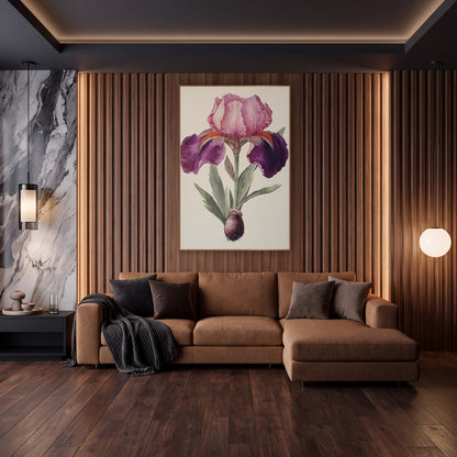 Plum Iris Bulb Vintage Botanical wall art in an elegant modern room – vintage botanical illustration of a pink