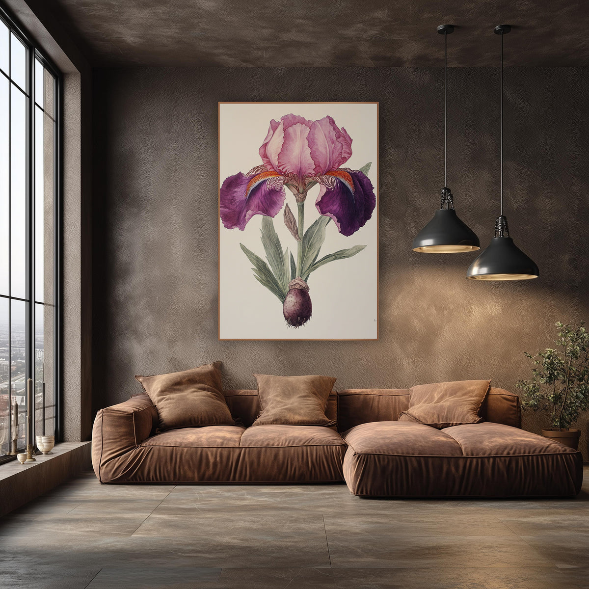 Plum Iris Bulb Vintage Botanical wall art in an elegant modern room – vintage botanical illustration of a pink
