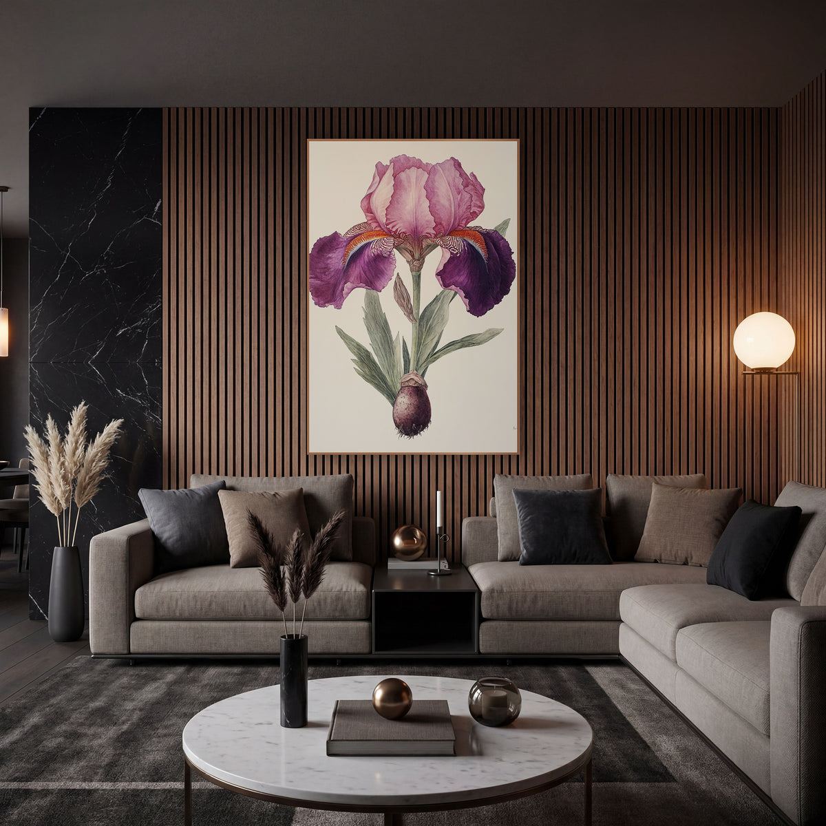 Plum Iris Bulb Vintage Botanical wall art in an elegant modern room – vintage botanical illustration of a pink