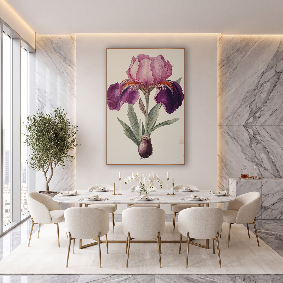 Plum Iris Bulb Vintage Botanical wall art in an elegant modern room – vintage botanical illustration of a pink