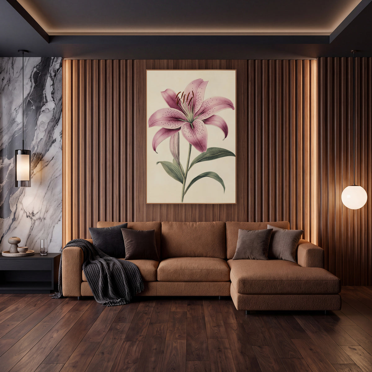 Speckled Pink Lily Botanical Study wall art in an elegant modern room – antique-style botanical study of a speckled