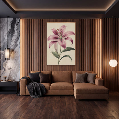 Speckled Pink Lily Botanical Study wall art in an elegant modern room – antique-style botanical study of a speckled