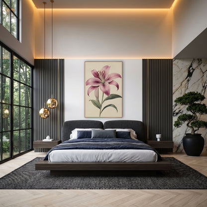 Speckled Pink Lily Botanical Study wall art in an elegant modern room – antique-style botanical study of a speckled