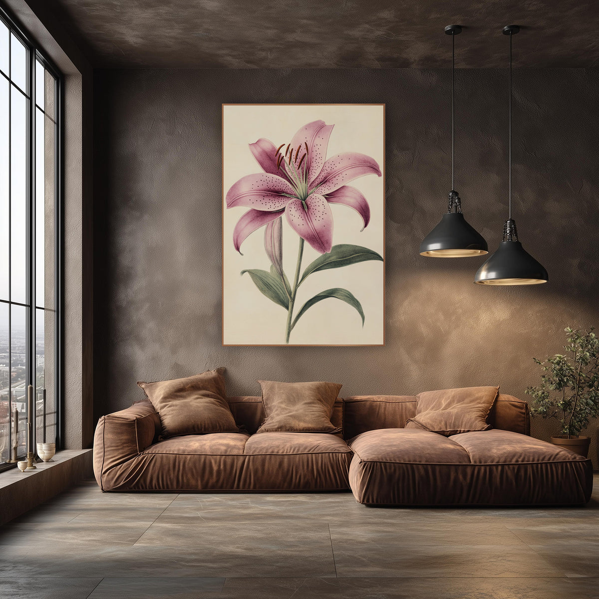 Speckled Pink Lily Botanical Study wall art in an elegant modern room – antique-style botanical study of a speckled