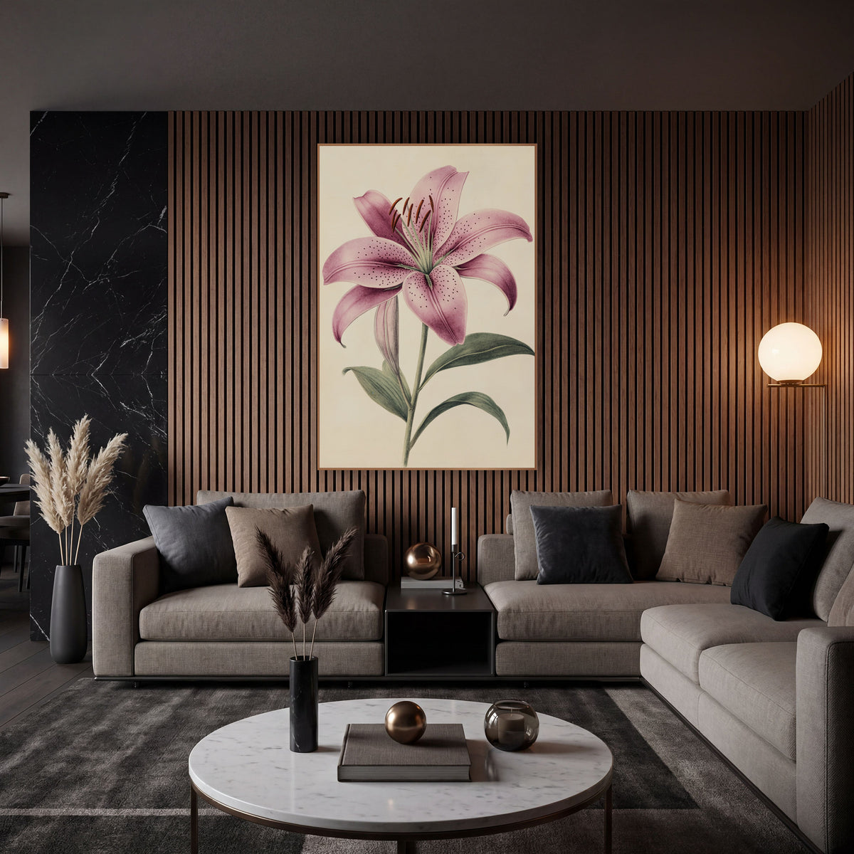 Speckled Pink Lily Botanical Study wall art in an elegant modern room – antique-style botanical study of a speckled