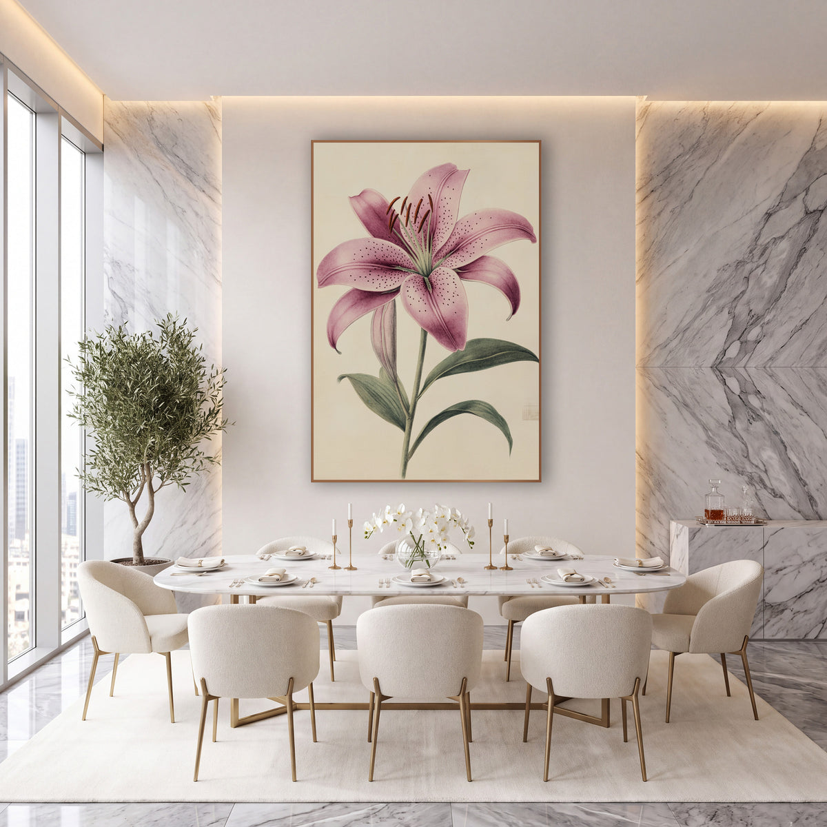 Speckled Pink Lily Botanical Study wall art in an elegant modern room – antique-style botanical study of a speckled