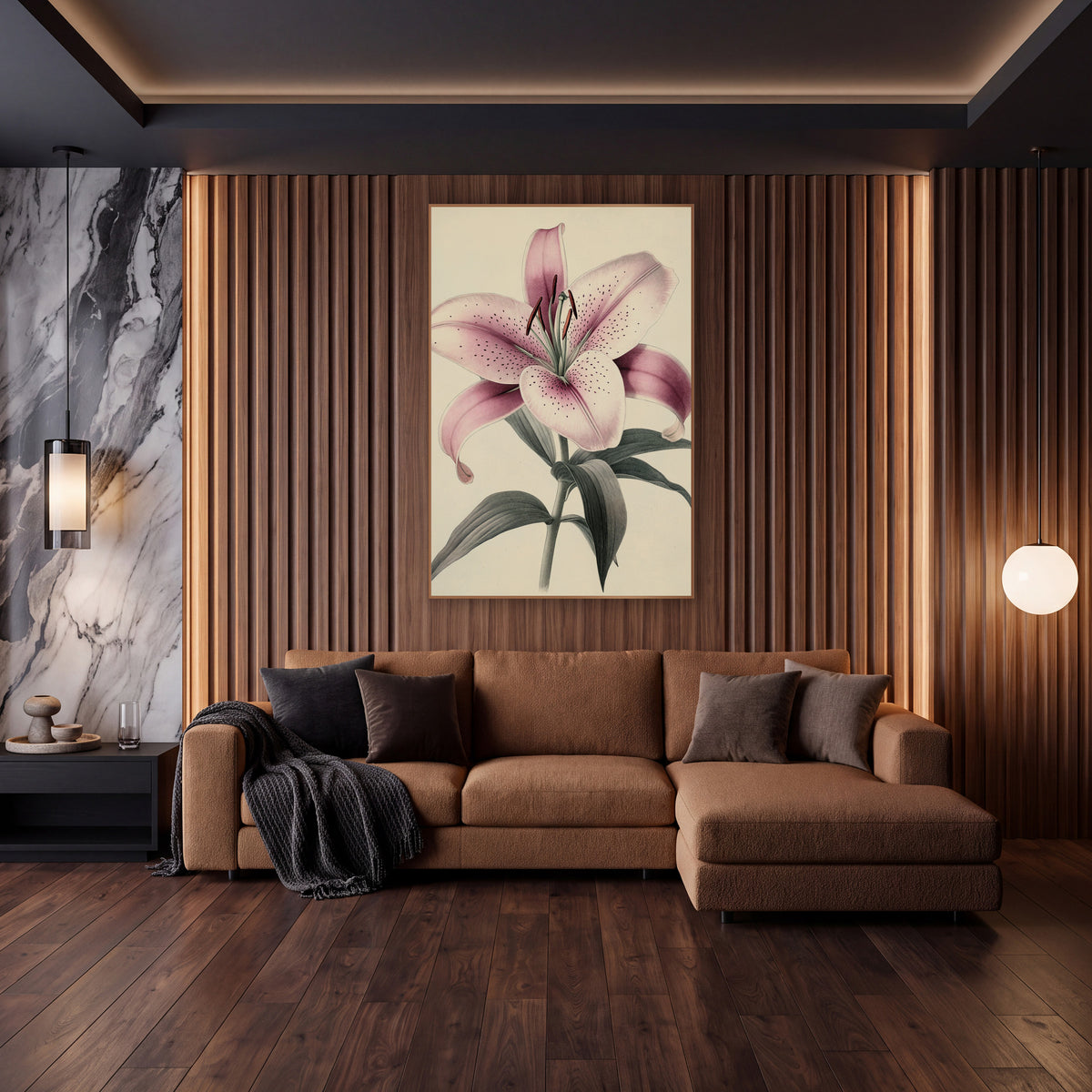 Leaning Blush Lily Antique Botanical wall art in an elegant modern room – vintage botanical drawing of a speckled pink