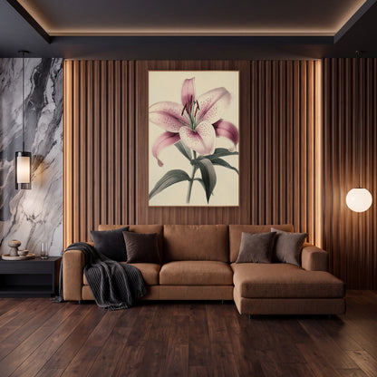 Leaning Blush Lily Antique Botanical wall art in an elegant modern room – vintage botanical drawing of a speckled pink