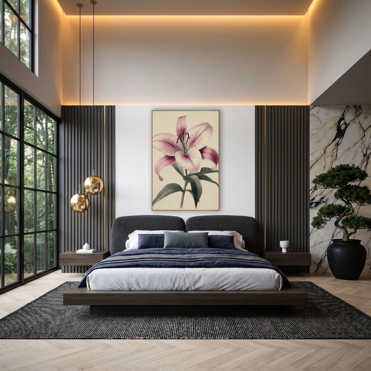 Leaning Blush Lily Antique Botanical wall art in an elegant modern room – vintage botanical drawing of a speckled pink