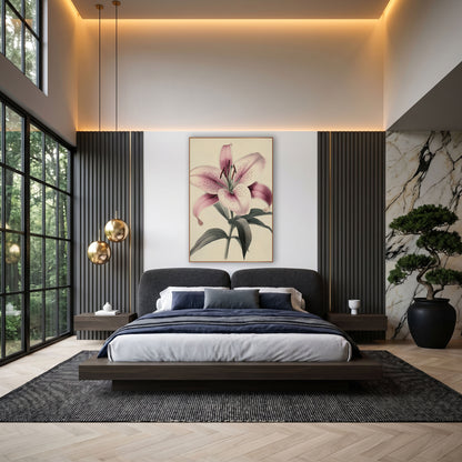 Leaning Blush Lily Antique Botanical wall art in an elegant modern room – vintage botanical drawing of a speckled pink