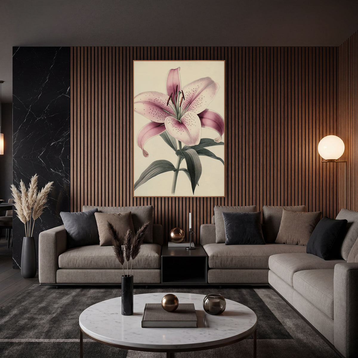 Leaning Blush Lily Antique Botanical wall art in an elegant modern room – vintage botanical drawing of a speckled pink