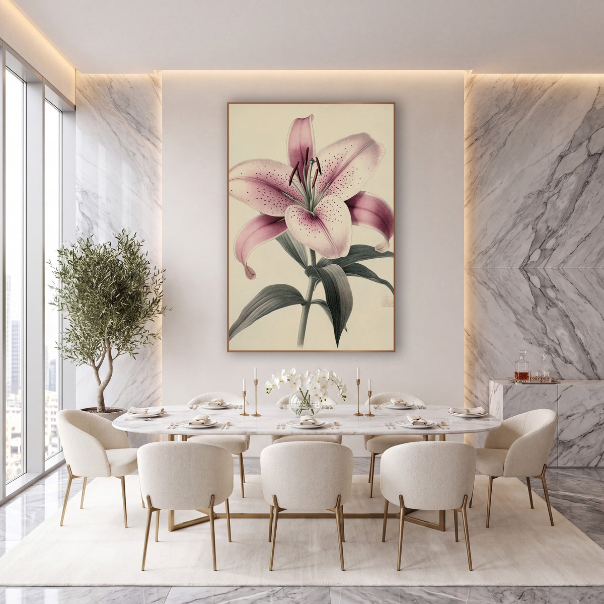 Leaning Blush Lily Antique Botanical wall art in an elegant modern room – vintage botanical drawing of a speckled pink