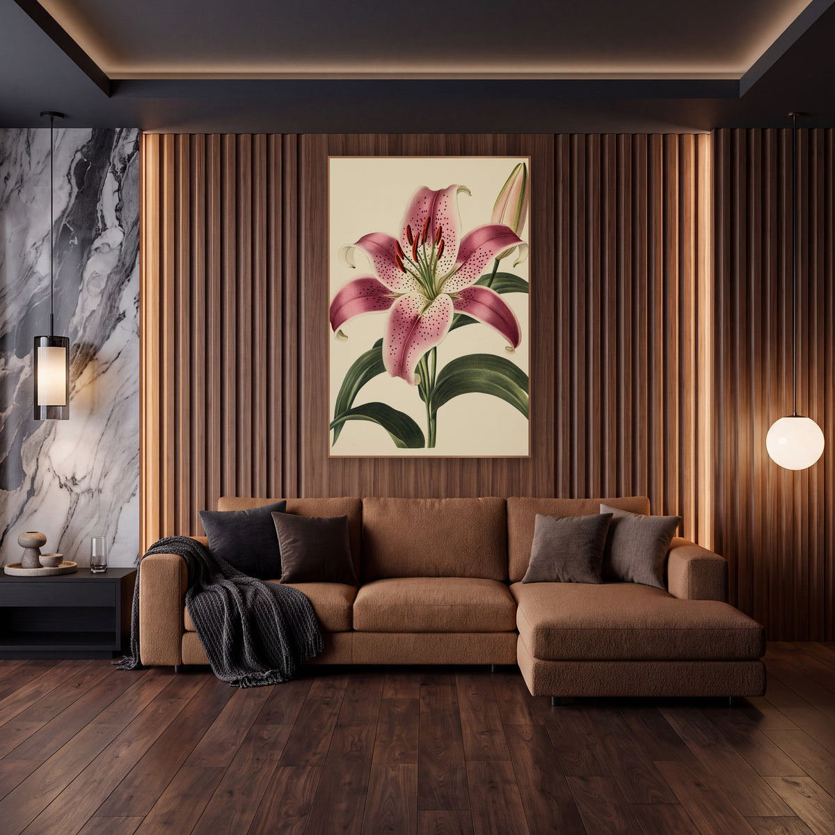 Magenta Lily Bud Vintage Botanical wall art in an elegant modern room – vintage botanical illustration of a spotted