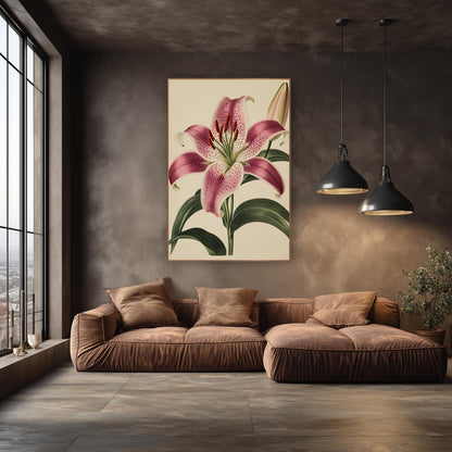 Magenta Lily Bud Vintage Botanical wall art in an elegant modern room – vintage botanical illustration of a spotted