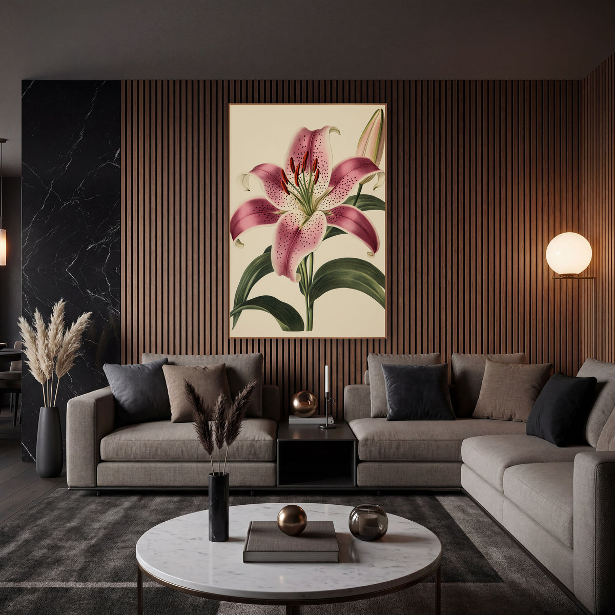 Magenta Lily Bud Vintage Botanical wall art in an elegant modern room – vintage botanical illustration of a spotted