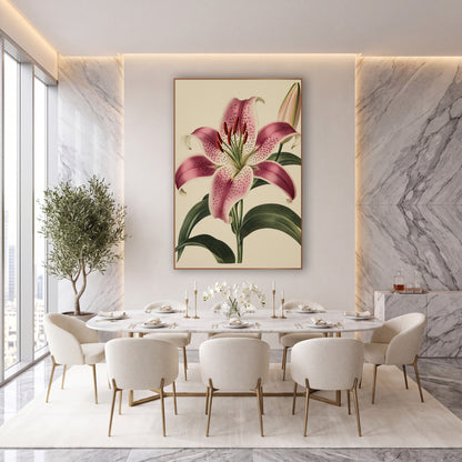 Magenta Lily Bud Vintage Botanical wall art in an elegant modern room – vintage botanical illustration of a spotted