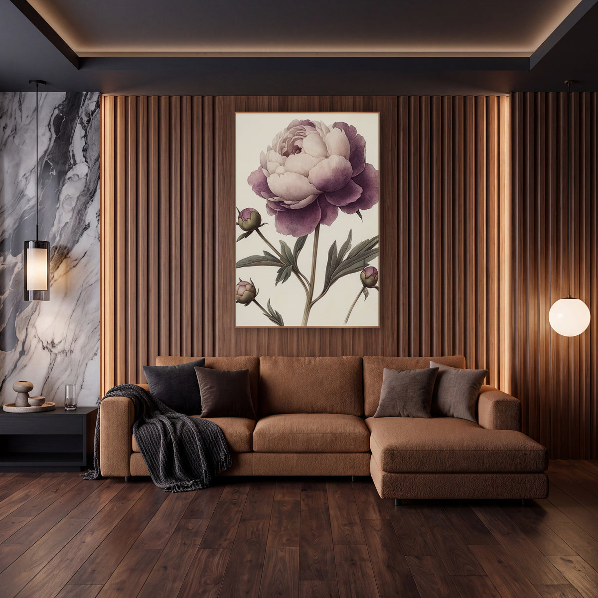 Pale Blush Peony Buds Vintage wall art in an elegant modern room – antique botanical study of a large plum and blush
