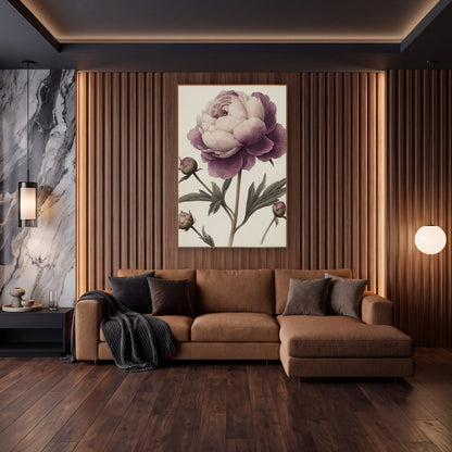 Pale Blush Peony Buds Vintage wall art in an elegant modern room – antique botanical study of a large plum and blush