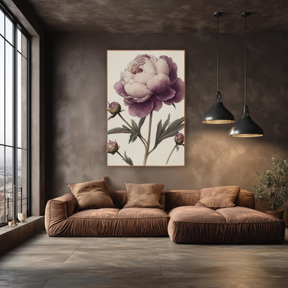 Pale Blush Peony Buds Vintage wall art in an elegant modern room – antique botanical study of a large plum and blush