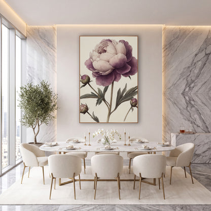 Pale Blush Peony Buds Vintage wall art in an elegant modern room – antique botanical study of a large plum and blush
