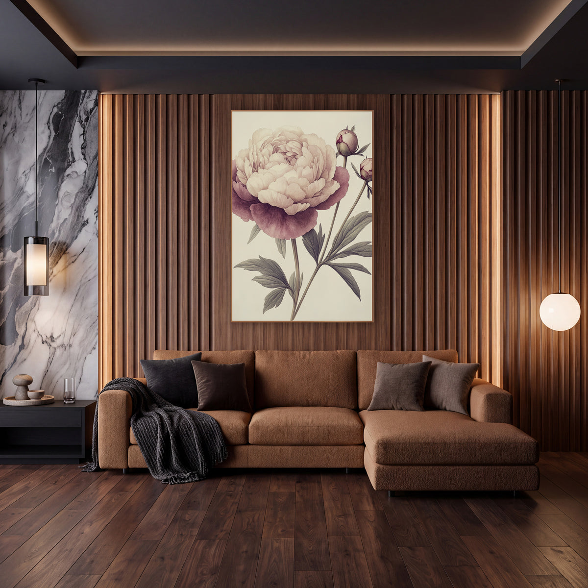 Blush Plum Peony Botanical Study wall art in an elegant modern room – botanical study of a blush pink and plum peony