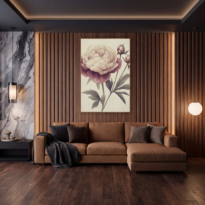 Blush Plum Peony Botanical Study wall art in an elegant modern room – botanical study of a blush pink and plum peony