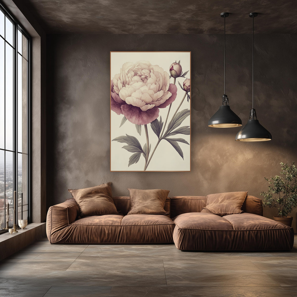 Blush Plum Peony Botanical Study wall art in an elegant modern room – botanical study of a blush pink and plum peony