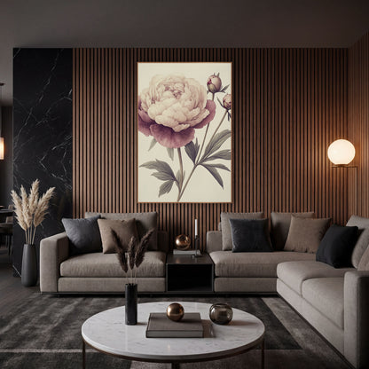 Blush Plum Peony Botanical Study wall art in an elegant modern room – botanical study of a blush pink and plum peony