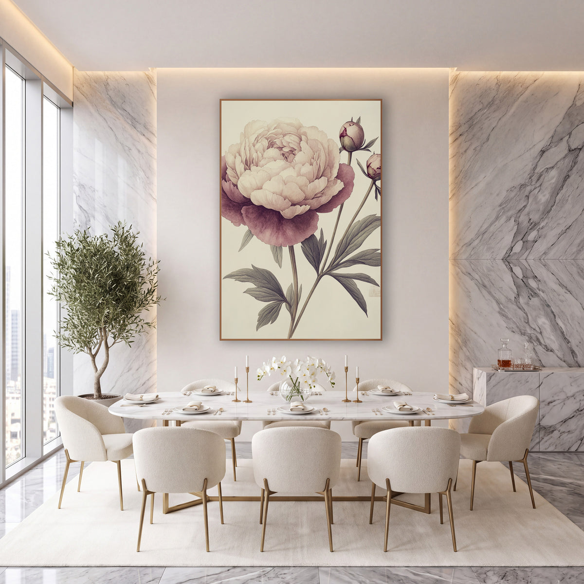 Blush Plum Peony Botanical Study wall art in an elegant modern room – botanical study of a blush pink and plum peony