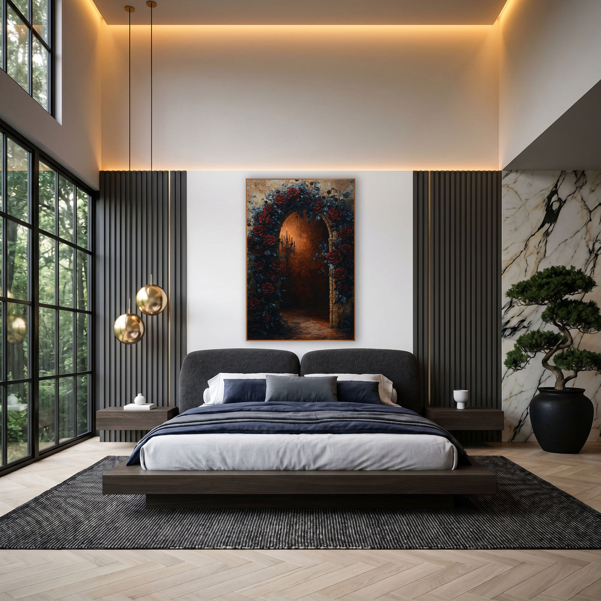 Dark Rose Archway Gothic Romantic wall art in an elegant modern room – arched stone doorway covered in dark red roses