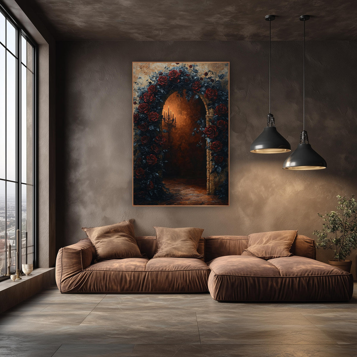 Dark Rose Archway Gothic Romantic wall art in an elegant modern room – arched stone doorway covered in dark red roses