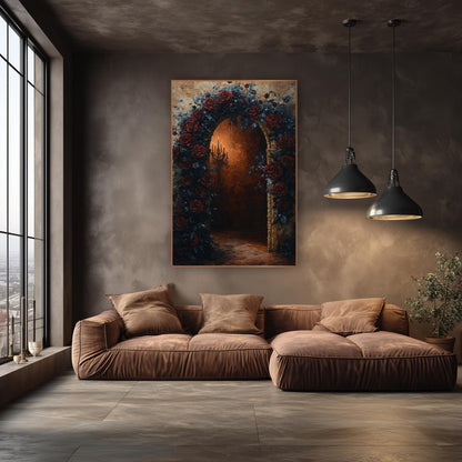 Dark Rose Archway Gothic Romantic wall art in an elegant modern room – arched stone doorway covered in dark red roses