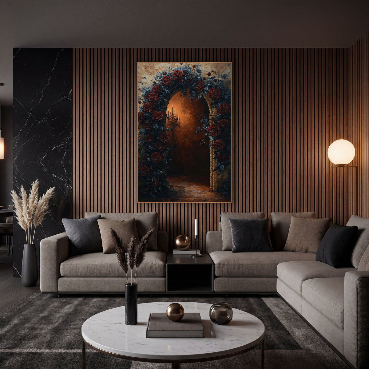 Dark Rose Archway Gothic Romantic wall art in an elegant modern room – arched stone doorway covered in dark red roses