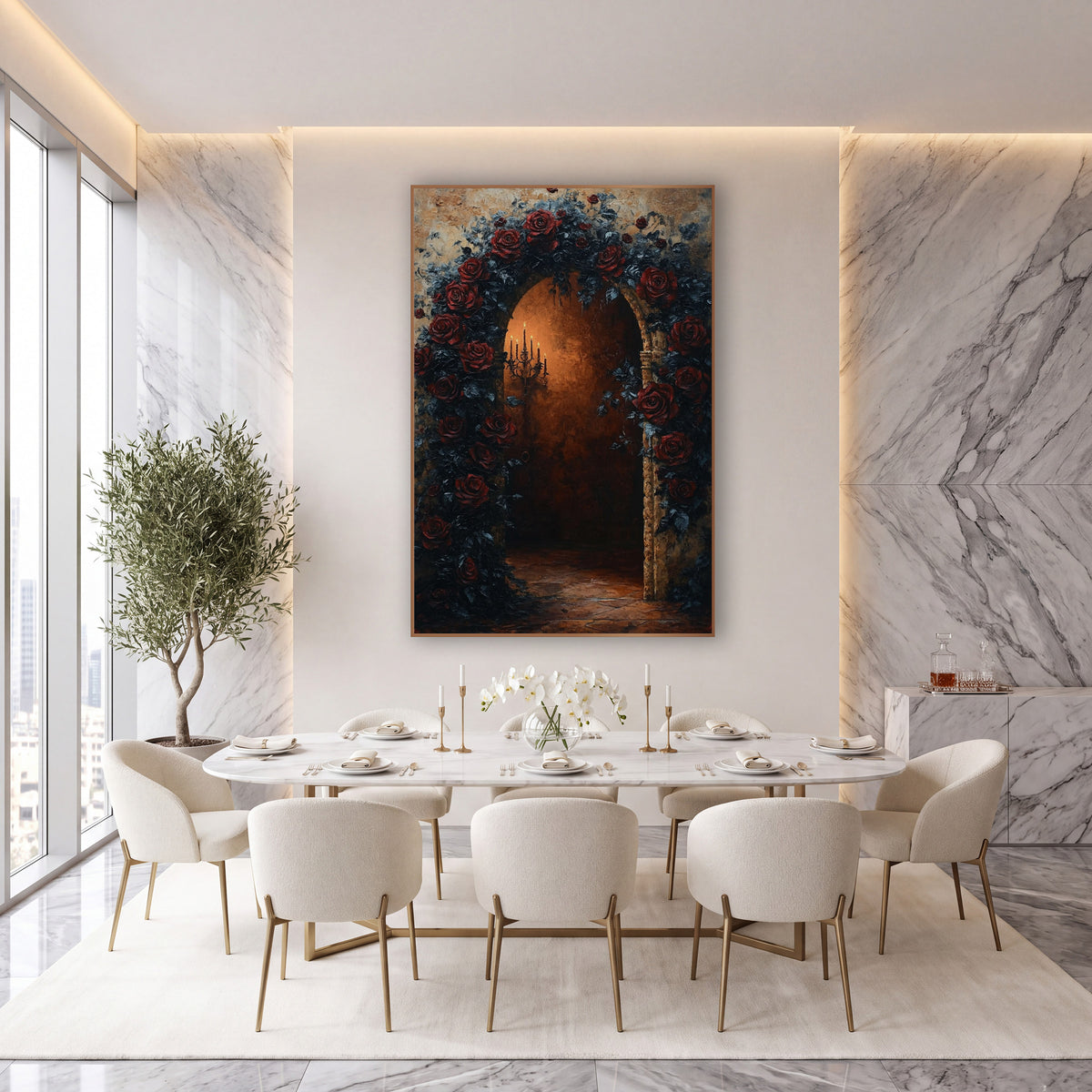 Dark Rose Archway Gothic Romantic wall art in an elegant modern room – arched stone doorway covered in dark red roses