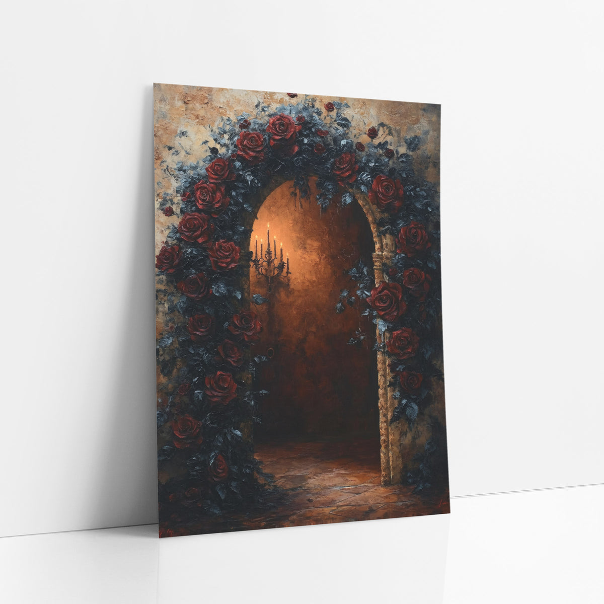 Dark Rose Archway Gothic Romantic art print leaning against a white wall – arched stone doorway covered in dark red roses